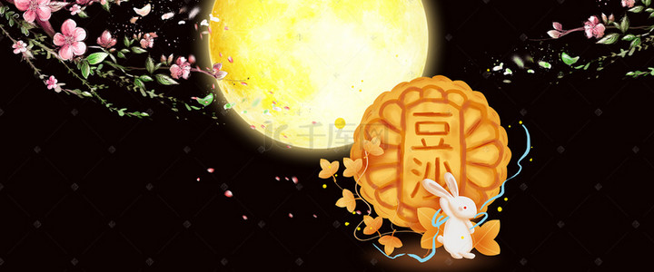 月圆玉兔背景图片_黑色夜空枫叶月圆月饼中秋佳节banner