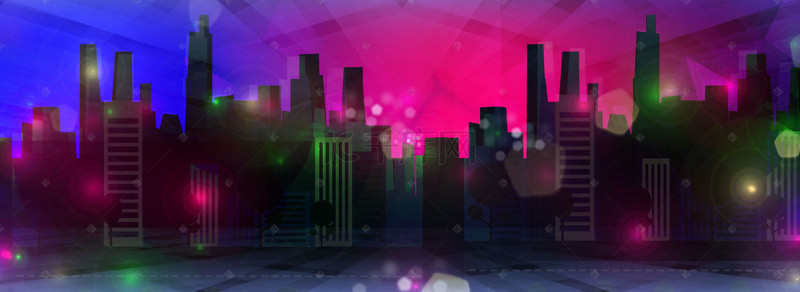 夜景城市科技背景图片_霓虹灯蓝紫红色渐变城市夜景背景