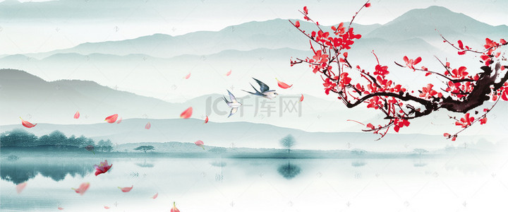 绿色素材海报背景图片_梅花碧山绿色背景云海banner