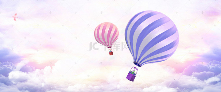 别墅洋房背景图片_创意地产大气房屋热气球紫色banner