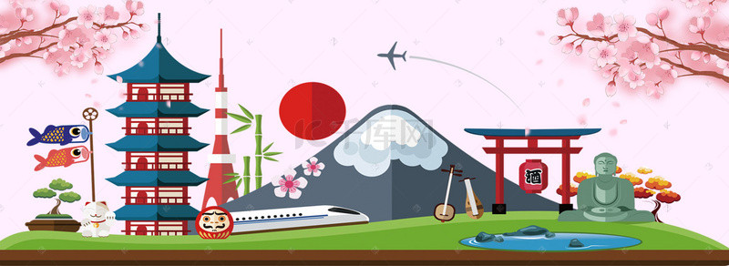 旅游春季海报背景图片_日本粉色手绘旅游富士山海报banner