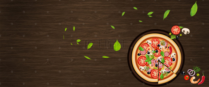 木纹背景图片_披萨美食图文艺绿叶木纹棕色背景