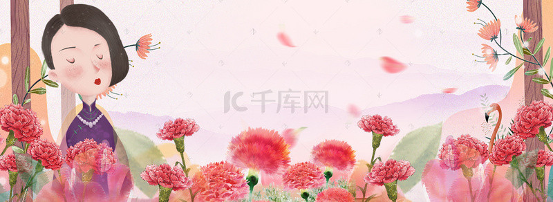 手绘浪漫花卉背景图片_粉色手绘母亲节浪漫花卉人物背景