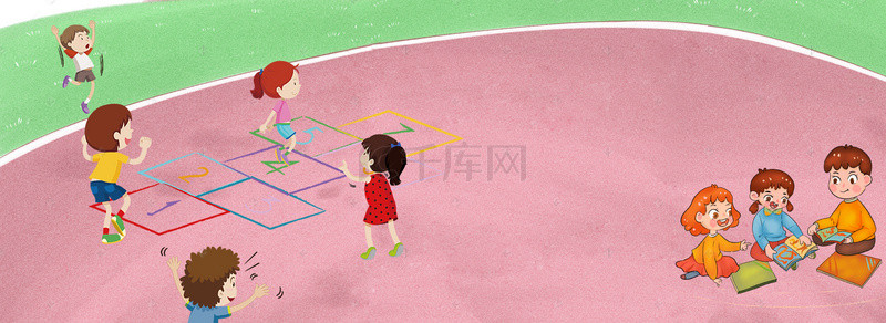 卡通小朋友背景图片_卡通绿色夏季运动操场背景