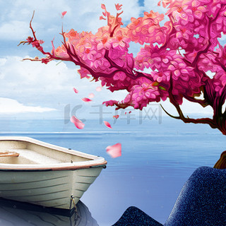 背景图片_蓝色手绘新中式回归自然夏季海滩背景