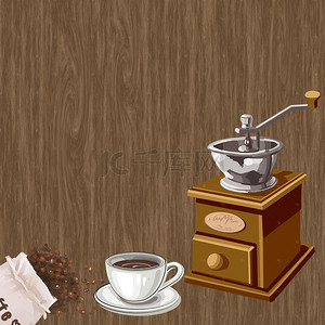 饮料海报背景图片_美式复古木板西餐手绘线稿咖啡机磨咖啡海报