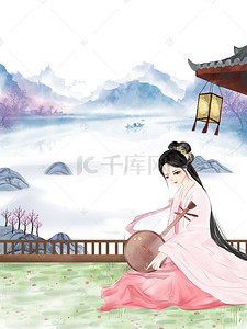 中国风蓝色乐器琵琶美女背景