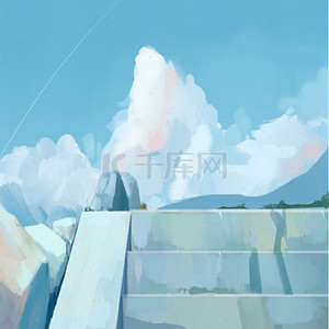 手绘台阶背景图片_户外蓝天白云卡通手绘背景图