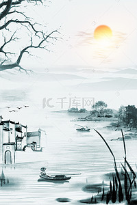 中国风徽派建筑古树日出风景