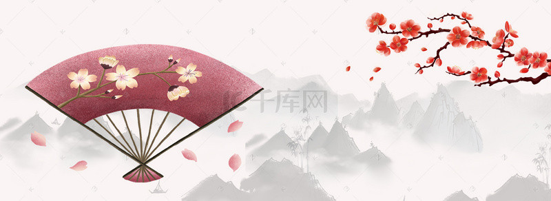 喷绘设计背景图片_中国风水墨山水梅花红折扇海报背景素材
