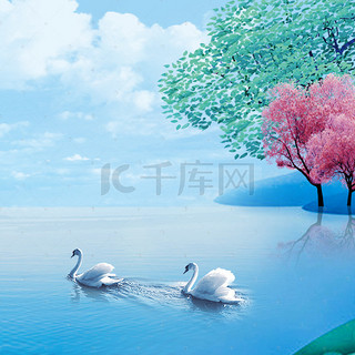蓝色手绘清新自然夏季河流背景