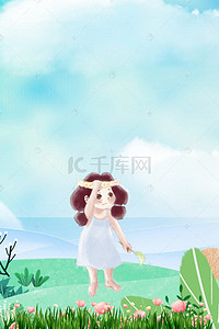 手绘小女孩海报背景图片_绿色小清新小女孩插画风简约背景