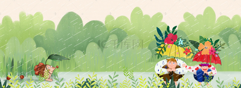 卡通惊蛰背景图片_春天躲雨的人和小刺猬