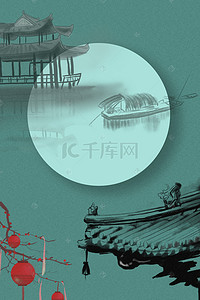 水墨灯笼背景背景图片_复古中国风水墨古建筑湖水深蓝色背景