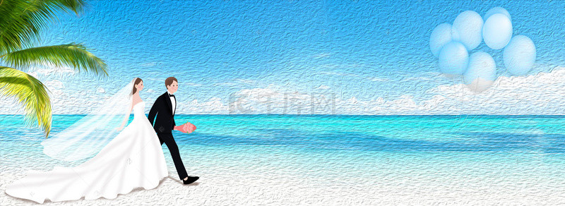 新人指引背景图片_蓝色海滩上走过的新人背景