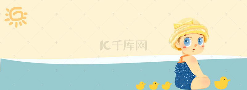暑期旅游卡通海报背景图片_暑假婴儿游泳卡通拼接黄色背景