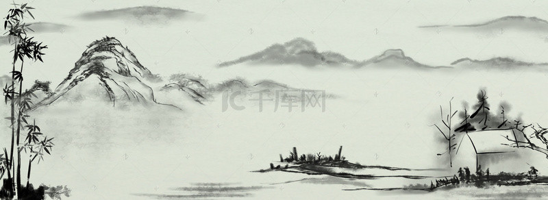 中国风房屋素材背景图片_中国风竹子房屋山河黑白渲染背景