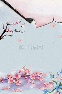 梅花花瓣背景图片_古风中国风房屋梅花喜鹊海报