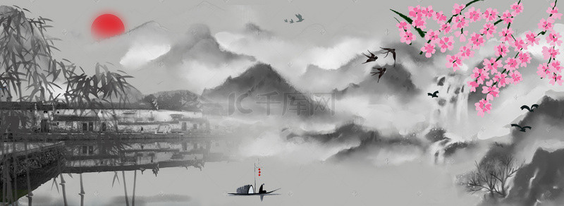 中国风黑白小镇水乡banner背景