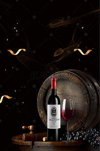 logo红酒背景图片_红酒品鉴大气光效酒桶金色彩带海报
