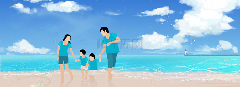 旅游纪念背景图片_一家人在海边旅游
