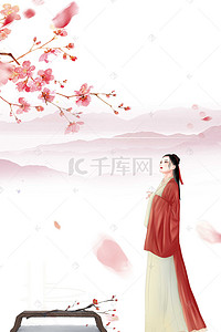 梅花水墨画背景图片_红衣女子中国古风背景素材