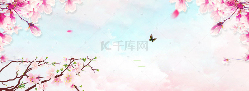 手绘梦幻花瓣背景图片_桃花节手绘梦幻文艺蓝色banner