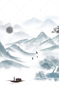 划船背景图片_中国风水墨山间划船背景