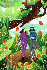 手绘春天背景图片_卡通两个女孩在树丛中行走背景