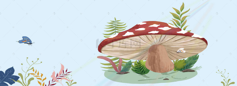 入驻小红书背景图片_小清新春天红色蘑菇蓝色背景免抠图