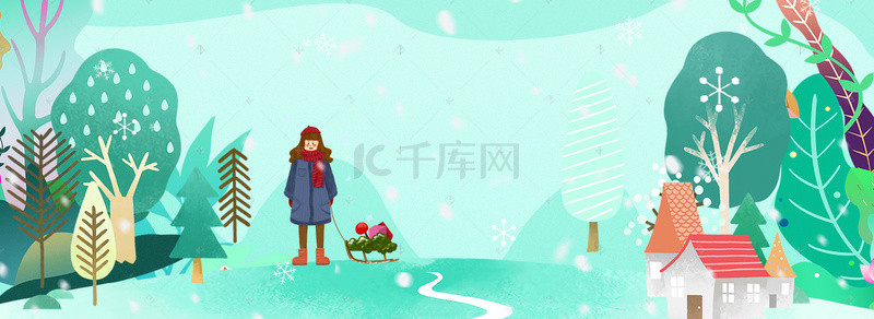 服装背景图片_冬日户外玩雪橇女孩服装促销海报
