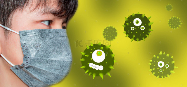 千库图库风背景图片_戴口罩的男人与病菌口罩海报背景素材