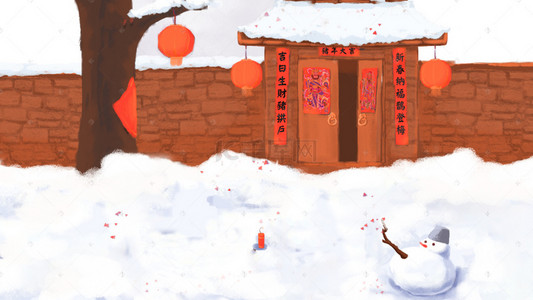 中式背景图片_手绘冬天雪景海报背景