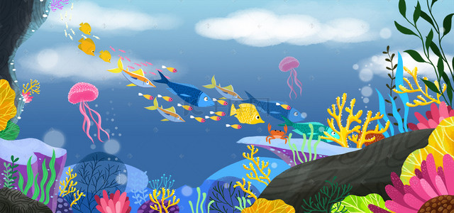 蓝色唯美海洋馆生物鱼群背景