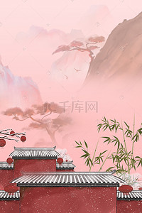 中国风房屋素材背景图片_红色复古建筑PS源文件H5背景素材