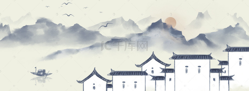 淡雅水墨背景背景图片_江南房屋清明节海报背景