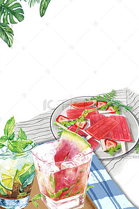 绿植西瓜冰冻水果饮料清凉背景