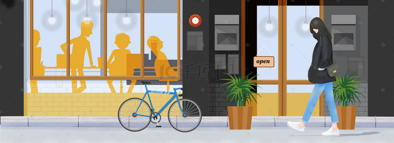 旅游海报插画风背景图片_手绘女生咖啡馆城市生活