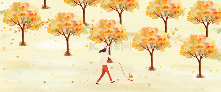 手绘秋天的树叶背景图片_秋天森林中的小女孩狗风景