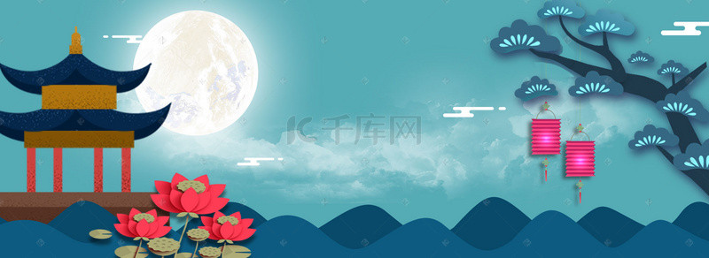 中秋节背景图片_蓝色扁平中秋节月色下的凉亭背景