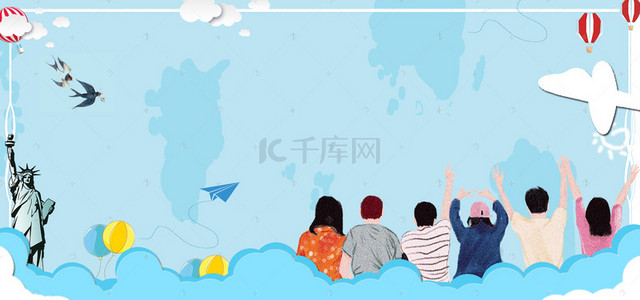 卡通热气球蓝色背景图片_旅游卡通蓝色banner