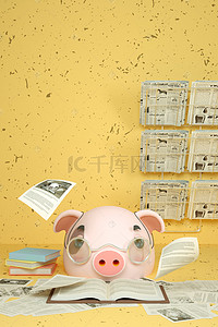 小猪小猪背景图片_创意C4D猪年主题海报之小猪看书