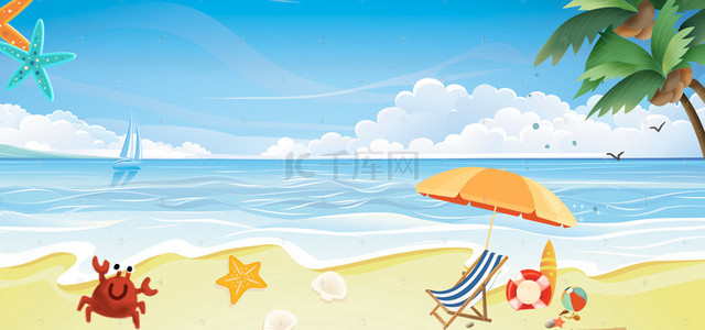 手绘卡通夏日背景图片_手绘清新海滩旅游海边海报banner