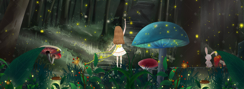 绘本绘画蘑菇背景图片_森林中抱着的女孩