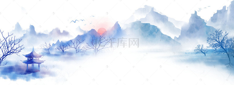 山水背景图片_山水大气简约蓝色海报背景