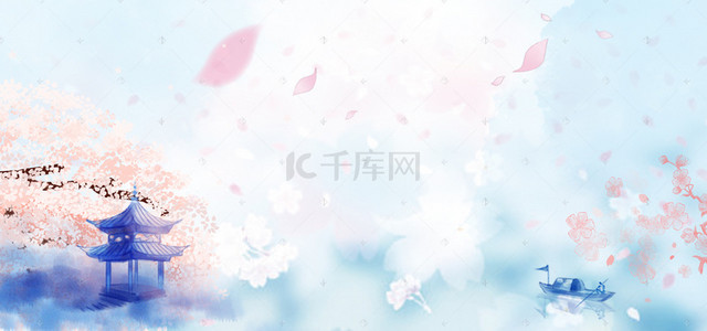 动漫樱花节渲染中国风蓝色banner