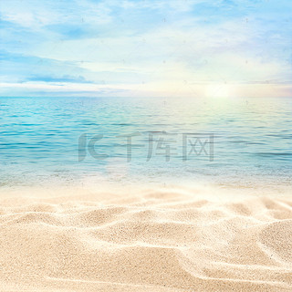 水彩背景图片_小清新沙滩背景促销主图