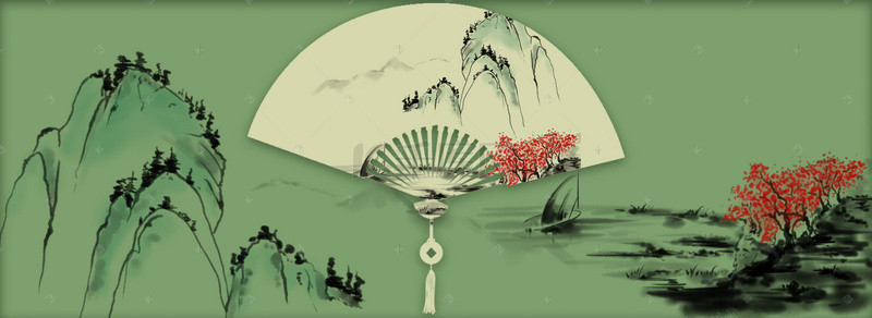 复古中国风古典折扇水墨山水绿色背景