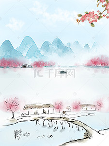 樱花背景图片_中国风水墨樱花山水背景