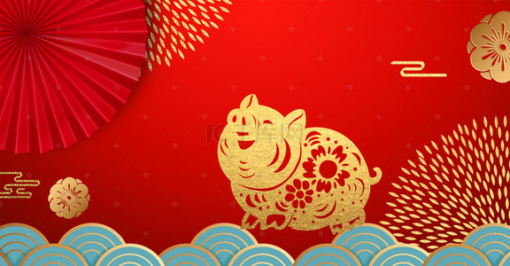 海报金猪背景图片_2019猪年烫金风金猪中国风花朵海报